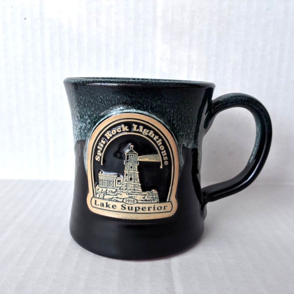 Deneen Pottery Split Rock Lighthouse Mug Lake Superior - 2016 - Black Teal Glaze
